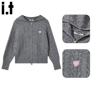 Chocoolate it women's sweater women's giant good-looking gray double zipper knitted cardigan large size women's autumn and winter twist hooded jacket light gray m