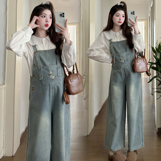 Ran qiqi maternity autumn clothing set high-end 2025 new fashion casual age-reducing denim overalls spring and autumn clothing two-piece set shirt (single piece) xl