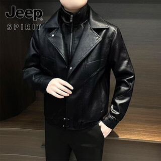 Jeep spirit2025 new autumn and winter fake two-piece men's leather jacket plus velvet new high-end handsome motorcycle leather jacket high black thin velvet spring and autumn m