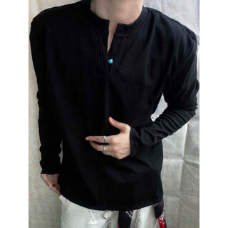 Xinghelai american heavyweight white henry collar long-sleeved t-shirt men's autumn shoulder slim cleanfit inner layering shirt black xl