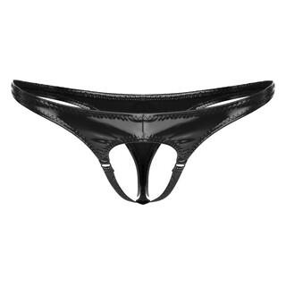 Pyongrains men's front hollow underwear sexy bright leather men's thong iron ring mid-low waist t-line underwear black sub-size s