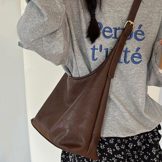 小野七天复古大容量单肩包通勤斜挎托特包女新款单肩腋下包简约单肩斜挎包 复古托特包【咖色】