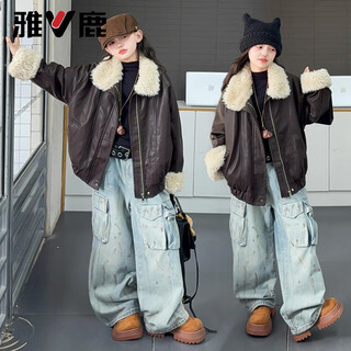 雅鹿童装女童外套冬季2025新款儿童毛领皮衣中大童女孩洋气加厚保暖衣 咖色 160 cm