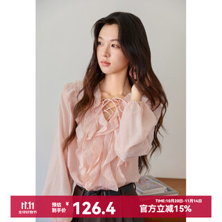Mystery show pink fungus ruffled shirt 2025 autumn new v-neck tie design lantern sleeve sweet top pink top m