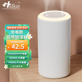 Hulker 【10W+销量加湿器】加湿器 卧室迷你家用办公室桌面车载低噪上加水小型usb空气加湿器 【白色充电款】双喷加湿/800ml大容量/无线使用