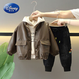 Disney (disney) boys winter clothing suit 2025 new cool and handsome children's velvet thickened leather jacket three-piece winter clothes trendy brown three-piece suit plus velvet 130