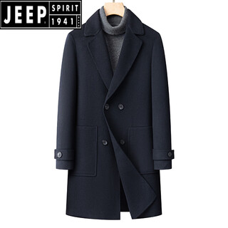 Jeep spirit high-end business double-sided woolen coat men's mid-length autumn and winter thickened liner double-breasted warm wool coat navy blue m 170