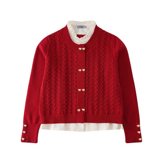 Buenpu ankola red sweater 2025 autumn and winter new sub-clothing mother and daughter high-end stand-up collar fake two-piece new year's greetings festive jacket red (cardigan) 150