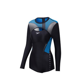 Speedo/speedo electric matrix replica shark skin black label textured sunscreen long-sleeved one-piece swimsuit for women black blue s (34)