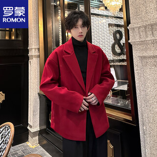 Romon woolen coat men's mid-length winter new korean style thickened double-breasted woolen windbreaker korean style coat couple trend burgundy xl