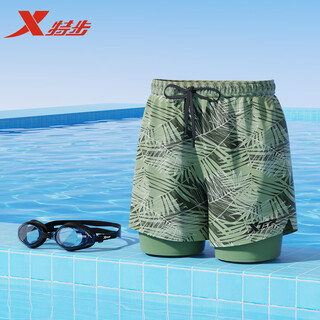 特步泳裤男成人双层防尴尬游泳裤男士泡温泉泳衣游泳装备男全套 墨叶丛【泳镜+泳裤】近视度数留言 L 码【建议体重110-130斤】