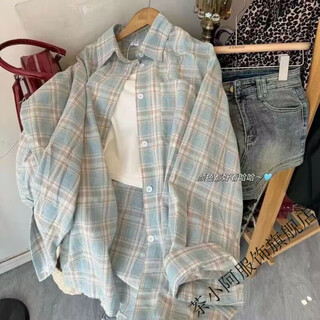 Cha xiaoa's retro new plaid shirt for women, lazy casual flesh-covering shirt, loose top, slimming sun protection long sleeves 717 blue check s