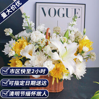 Aitong flowers delivers chrysanthemum bouquets in the same city for tomb sweeping day and hungry ghost festival. memorials, funerals, tomb sweeps, flowers for visiting graves. portable flower basket with 11 mixed yellow and white chrysanthemums + 2 lilies + violets. delivery in the same city. supports appointment dates.