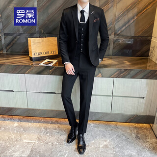 Romon suit men's three-piece high-end tailoring business slim professional formal wedding dress jacket black 2xl