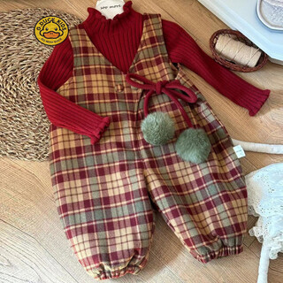 Hal.duck korean children's clothing 2025 autumn and winter christmas and new year plaid woolen overalls jumpsuit girls red lace bottoming shirt suit (two-piece set) 90 (pay attention to the store for priority delivery)