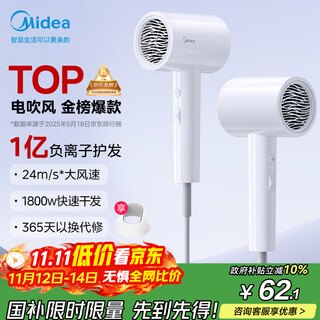 Midea 100 million negative ion hair dryer, hair care hair dryer, high power hair dryer, national subsidy for home appliances fj208-polar white 1800w holiday/birthday gift recommendation