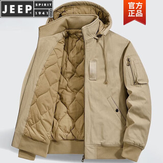 Jeep spirit pure cotton coat men's autumn and winter loose large size workwear thickened american retro hooded jacket cotton jacket for men khaki m recommended 100jin jin is equal to 0.5kg -115jin jin is equal to 0.5kg