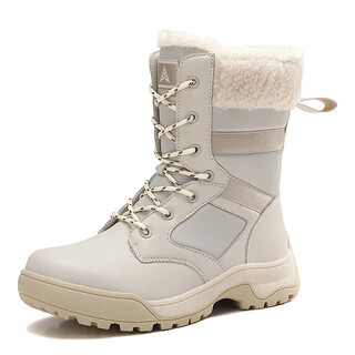 Qiyuemang outdoor snow boots for women, waterproof, anti-slip, mid-tube, velvet and thickened, northeastern harbin ski boots, winter leather-covered cotton shoes, beige 36