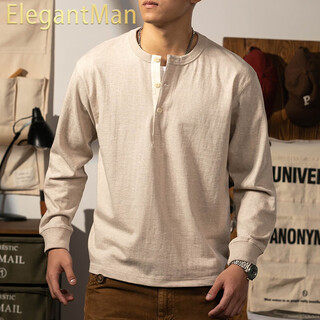 Elegantman american retro long-sleeved t-shirt men's 300g heavy cotton henley shirt ami khaki loose color winter autumn sweatshirt sand gray s