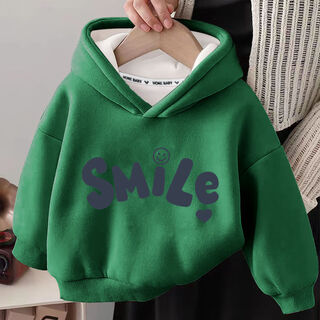 男童女童加绒卫衣连帽冬季2025新款冬装男宝加厚一体绒米色秋冬款 银狐绒帽(墨绿)SMiLe 90 _(身高80-90cm)