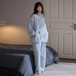 Princess mark couple coral velvet pajamas women's winter cute plush stand collar zipper can go out home clothes men lyr1241-women's l