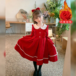 Anneyol girls autumn and winter dress 2025 new autumn and winter little girl princess dress autumn children's long-sleeved skirt red plus velvet 130