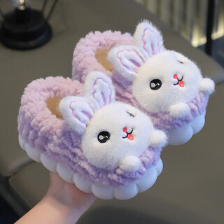 Yicong children's cotton slippers for women in autumn and winter new cute baby indoor non-slip soft bottom warm boys' parent-child fur slippers violet (rabbit style) 20-21 sizes inner length 12.0 about 3-12 months small size