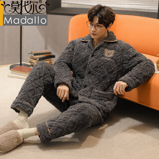 Modal pajamas for men and women, winter couple's three-layer quilted thickened coral velvet home clothes suit flannel can be worn outside. main picture jm 221# male plus fleece thickened three-layer quilted l (100-130jin jin equals 0.5kg)