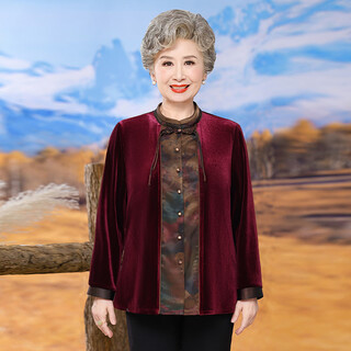 Ax light luxury autumn long-sleeved shirt for middle-aged and elderly mothers plus size grandma gold velvet thin coat wedding festive old lady 24166 burgundy l it is recommended that 100 jin jin is equal to within 0.5 kg