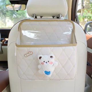 Clcey car seat back storage bag high-end simple car storage hanging bag internet celebrity women's car storage backpack little white bear multi-function storage bag beige comes with waterproof bucket + garbage bag