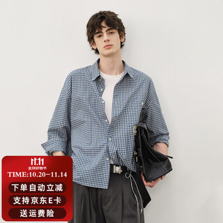 714street синяя клетчатая слегка свободная рубашка из чистого хлопка с длинными рукавами с открытыми плечами для мужчин и женщин, осенняя новинка 2025 года в стиле miu, сине-белая клетчатая l