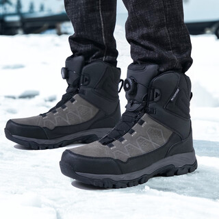 迦图鲮东北雪乡户外旋钮雪地靴男防水防滑加厚保暖登山滑雪棉鞋 灰色(旋转扣)_运动鞋标准码 40