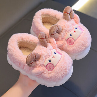 Bangboshi heel cotton slippers for girls and boys in autumn and winter cute cartoon indoor home plush warm cotton slippers pink (heel included) 30/31 size (inner length 18cm suitable for feet 17cm)
