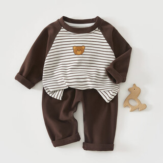小红书爆款早秋男女宝宝衣服春秋款婴儿服卫衣二件套儿童弹力230 咖啡色条纹拼色屁屁套装 cm 66