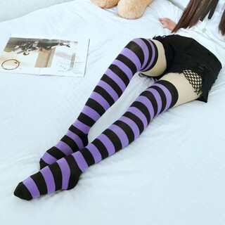 Zi jiafu socks long socks women's japanese blue and white striped over-the-knee socks thigh socks cosplay animation women's socks black and purple stripes 1 pair one-size-fits-all no cat claws - over the knee