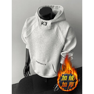 卡图弛潮牌重磅硬挺连帽卫衣男秋冬季美式高街加绒加厚痞帅情侣上衣外套 白灰色 加绒 XL 【建议120-140斤】