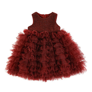 Youyou girls 2025 winter suit children's lace collar bottoming shirt spliced smocked mesh cake skirt plus velvet red vest dress (d4618) 110 cm