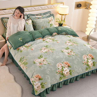 Mercury series milk velvet four-piece set for winter thickened coral velvet 2025 new double-sided flannel quilt cover bed skirt bedding pattern sentiment thickened and warm anti-static hot at the touch 1.5/1.8m bed skirt style four-piece set-quilt cover 200*230