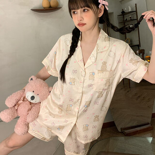 轻松熊冰丝睡衣女夏季短袖短裤2025新款可爱卡通带胸垫家居服套装 6688# M 均码