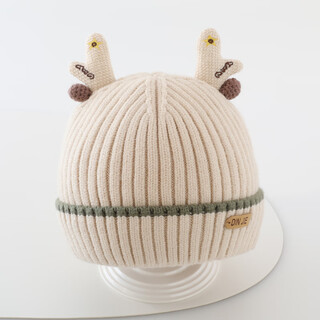 Baby hat autumn and winter pure cotton baby antler knitted hat thickened warm winter infant and child wool hat my j antler straight tong hat - beige one size recommended 5 months - 3 years old head circumference 44-51cm