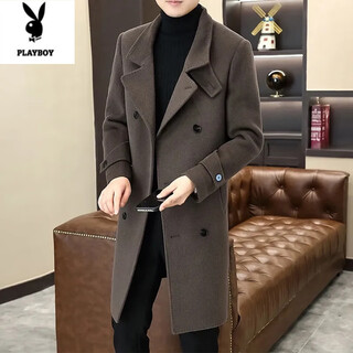Playboy (playboy) autumn and winter woolen coat men's double-breasted mid-length slim and versatile british style high-end woolen coat suit collar coffee color 2xl