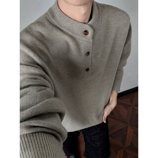 Jingsa henry collar sweater men's autumn and winter loose button solid color inner layering shirt retro high-end casual sweater khaki xl
