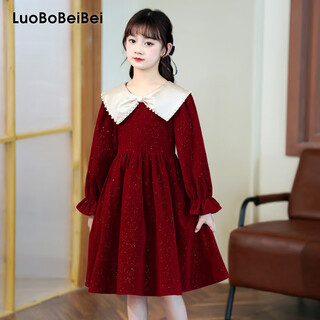 Luobobeibei girls dress red skirt 2025 autumn long sleeve style princess dress piano performance costume red 140