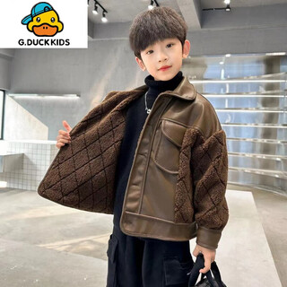 G.duckkids boys' leather jacket autumn and winter new style velvet thickened winter 2025 children's splicing thickened medium and large children's jacket coffee color 140 cm