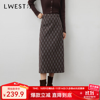 L.west coffee-colored plaid skirt for women 2025 winter new french commuter high-waisted slim straight skirt coffee plaid l 110-120jin jin is equal to 0.5 kg