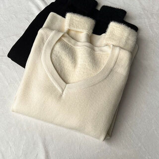 Aiov sweater v-neck inner layer for women 2025 autumn and winter new slim sweater long-sleeved velvet thickened warm top apricot thickened one-piece velvet high-quality version m recommendation (90-105jin jin equals 0.5 kg)