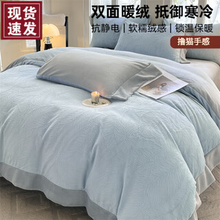 Luolai luolai bed carved milk velvet four-piece set coral velvet quilt cover sheet 2025 new winter quilt cover baby blue + star gray bed sheet style 1.5m four-piece set