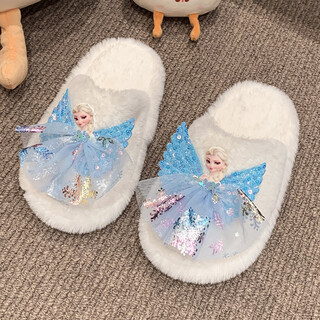 Skonwat children's winter plush plush slippers, fashionable new girls' elsa princess home flat heel baotou warm cotton slippers, white, size 26-27, inner length 18cm