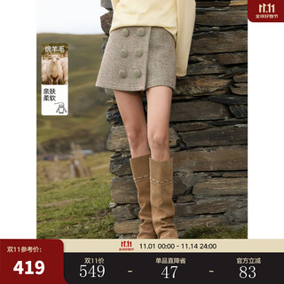 ELLE绵羊毛设计感休闲裙裤女2025冬季新款复古通勤毛呢阔腿短裤子 果绿 S