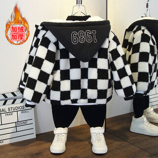 男童冬季毛毛衣外套2024新款儿童加绒加厚夹克宝宝羊羔绒秋冬装潮 黑色2340格子毛毛衣 cm 90